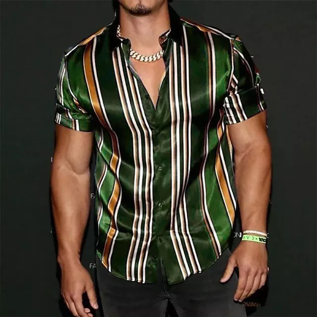 Men's Summer Striped Lapel Collar Shirts Casual Short Sleeve Blouse Tops Beach