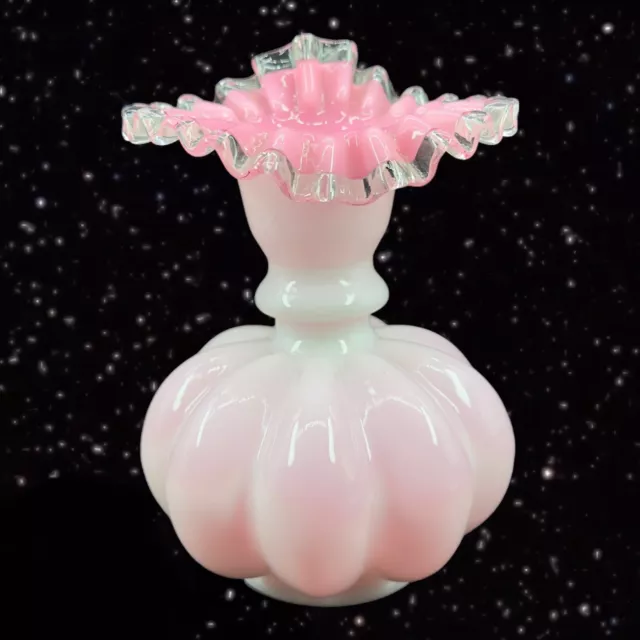 Antique Fenton Art Glass Vase Pink Silvercrest Ruffles Large Glass Vase  8.5”T