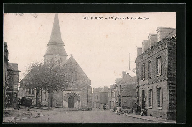 CPA Serquigny, l´Église et la Grande Rue