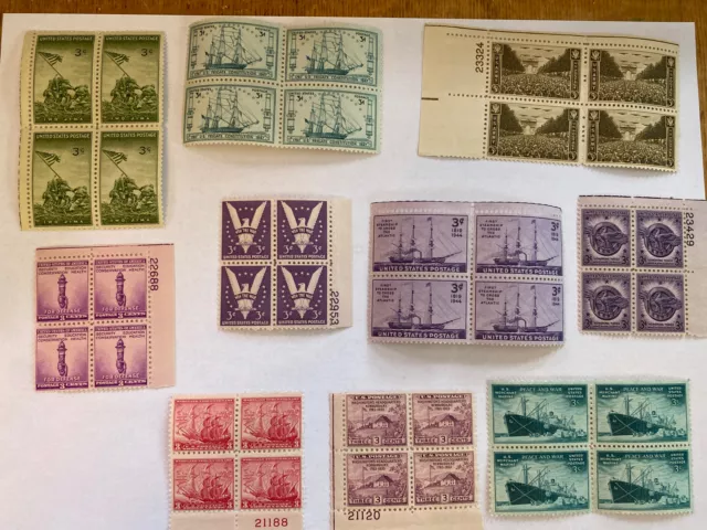 Various 3 Cent Postage Stamp US Lot, Mint, Unused, 10 Blocks Of 4