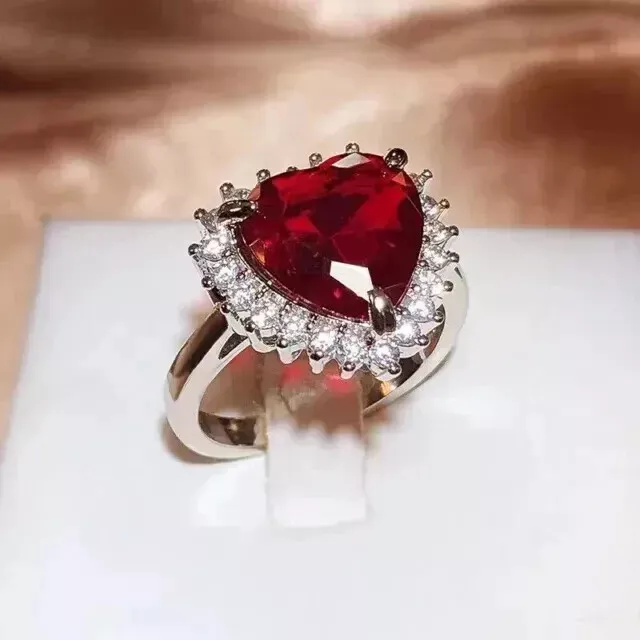 2CT Heart Cut Lab-Created Ruby Women's Halo Valentine Ring 14K White Gold Plated