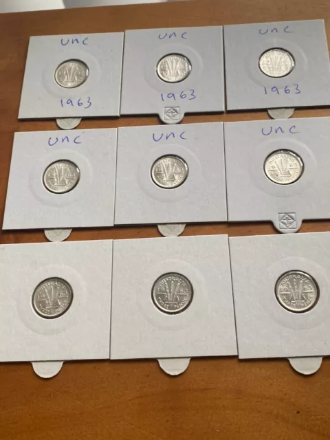 9 x 1963 Australia Uncirculated Three pence Coin - QEII Pre-Decimal Silver Coins