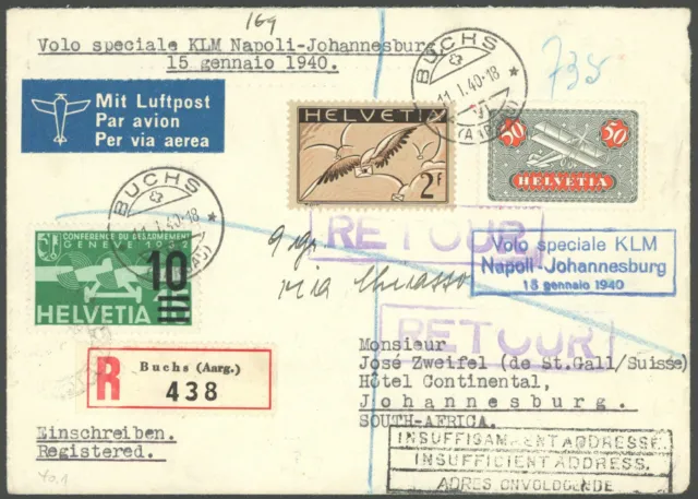 LUFTPOST 15.1.1940, NEAPEL-JOHANNISBURG, Bedarfs-Einschreibbrief mit Retour-