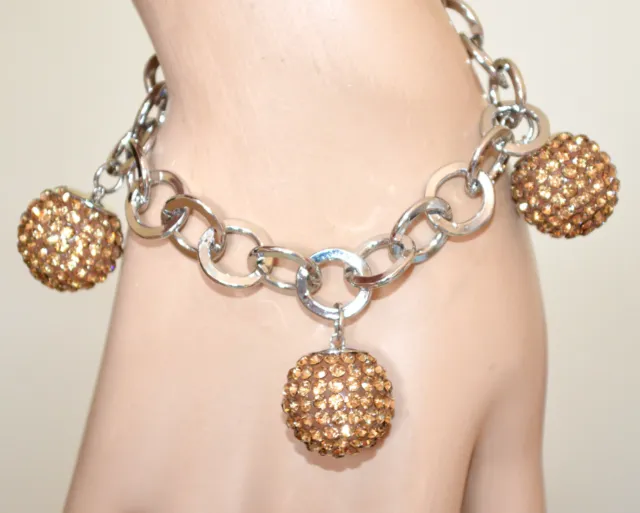 Bracciale donna argento catena anelli ciondoli sfere ambra oro strass charms UV8