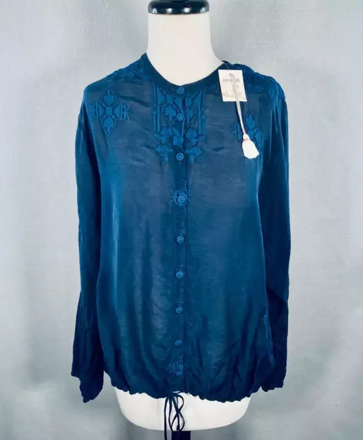 NWT Johnny Was Tunic Top Womens XL Blue Embroidered Bell Sleeve Boho Cottage