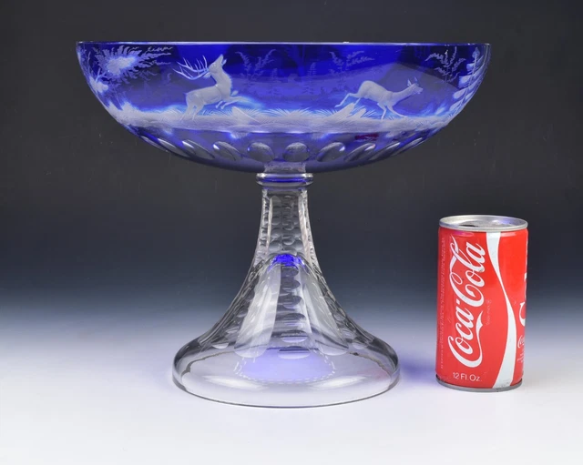 Large Antique Cobalt Blue Cut to Clear Overlay Glass Compote with Engraved Deer