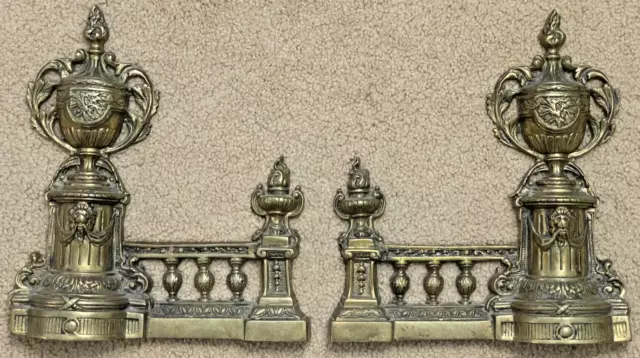 Vintage Pair of French Regency Style Bronze Brass Chenets Colonnade Andirons