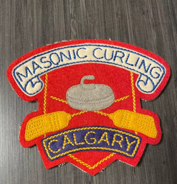 1940s Embroidered Felt Masonic Curling Patch Calgary Canada 5.5 x 4.5 in Mason