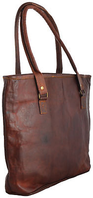 16" Women Vintage Looking Genuine Brown Leather Tote Shoulder Bag Handmade Purse