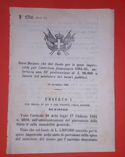 Decreto Regno Italia - Autorizzazione spese a favore dei lavori pubblici - 1884