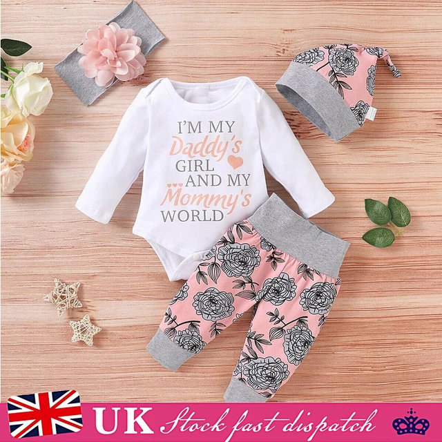 4PCS Newborn Baby Girl Bodysuit Romper Pants Headband Set Infant Outfits Clothes