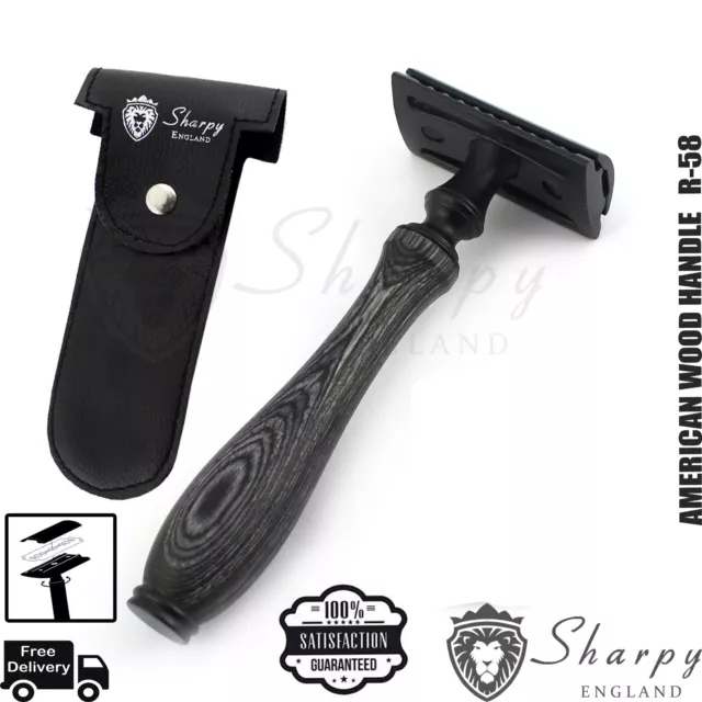 American Wood Handle Double Edge DE Safety Razor And Free Luxury Pouch gift