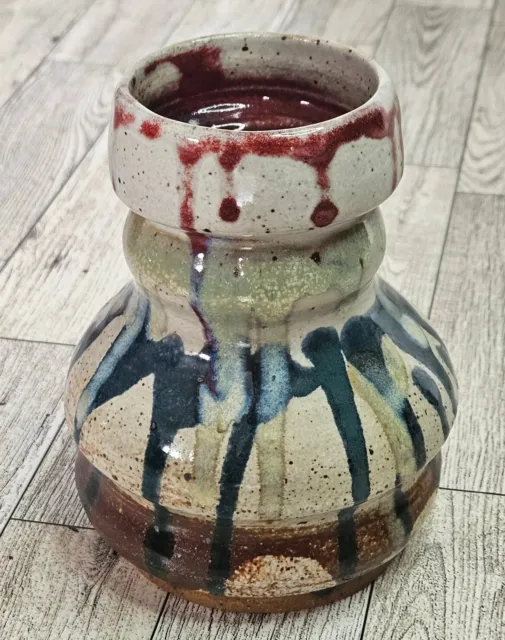Studio Art Pottery Drip Glaze Sculpted Vase Artist Signed Hand Thrown Blue Brown
