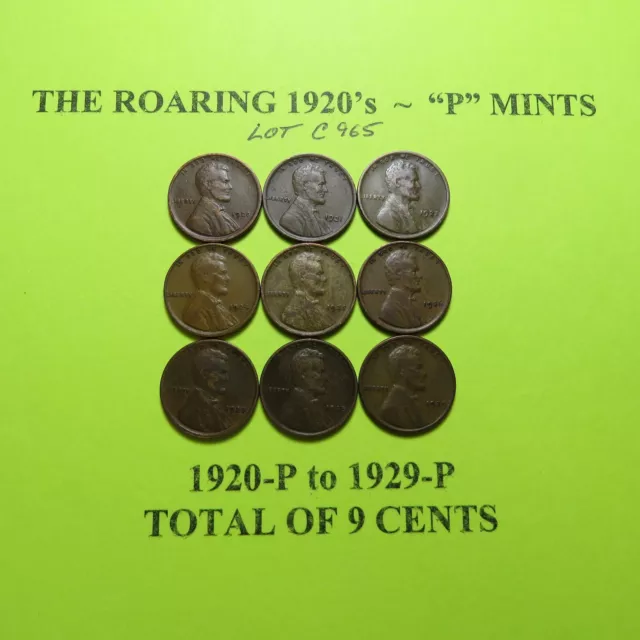 1920-P-1929-P Lincoln Wheat Cent Lot Of 9 ~ Roaring Twenties "P" Mints Lot C965
