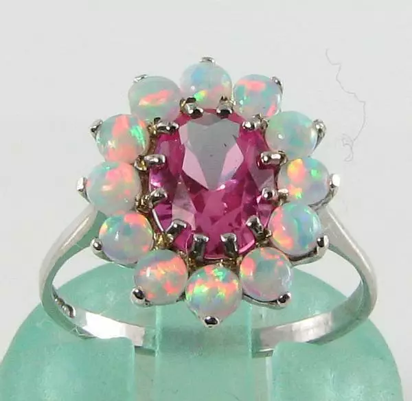 Stunning 9K 9Ct White Gold Pink Topaz Fiery Opal Cluster Ring Free Resize