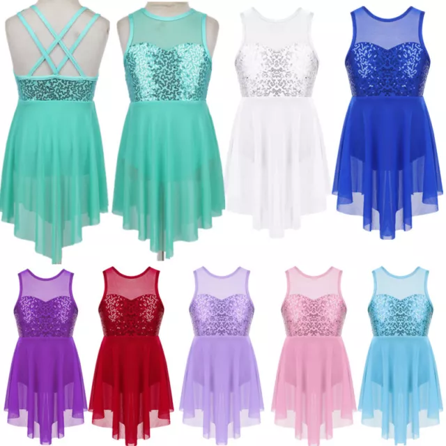 Girls Shiny Sequins Ballet Modern Dance Dress Leotard Mesh Performance Costume