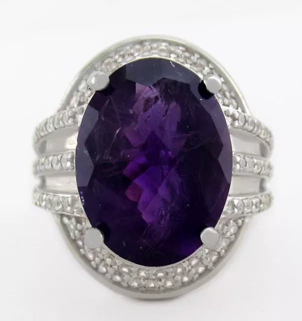 GENUINE 12.96 Cts CHECKERBOARD AMETHYST & WHITE SAPPHIRE RING .925 SILVER - NWT