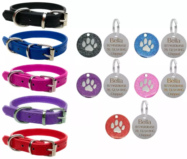 Vibrant Leather Dog Collar for Puppy, Dogs & Personalised Glitter Paw Print Tag