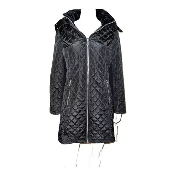 Calvin Klein Womens Faux-Fur-Trim Hooded Quilted Coat Black Large NWT