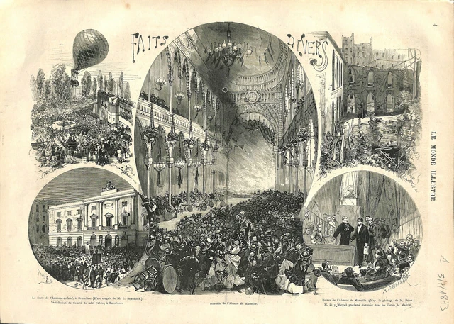 Incendie ruines de l'Alcazar de Marseille.Espagne les Cortès Madrid GRAVURE 1873