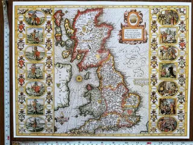 Old Tudor Poster map Great Britain 'Saxton Heptarchy'  1600's Speed Reprint