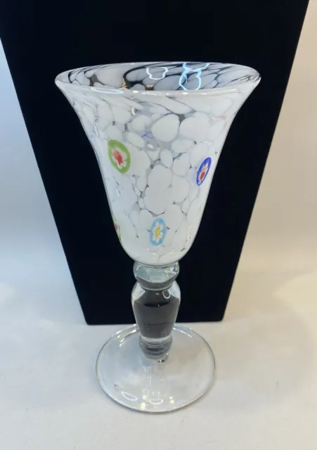 Hand Blown Art Glass White Swirl Millefiori Water Or Wine Goblet: Amici Italy