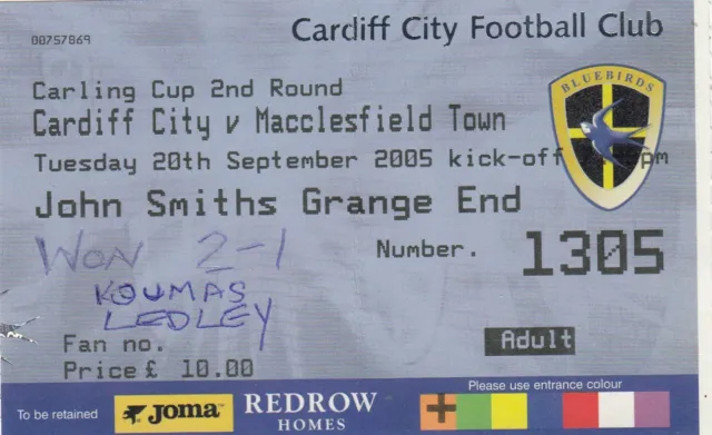 Ticket - Cardiff City v Macclesfield Town 20.09.05 League Cup