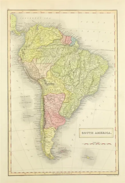 South America map by Sidney Hall fine detail 1840 hand colour large antique