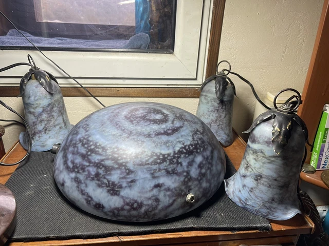 Lampadario Art Nouveau Vasca E 3 Tulipani IN Vetro Marmorizzato Blu Stellato,