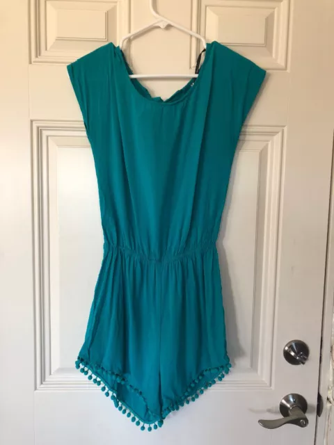 Womens Mimi Chica Romper Sz XS Teal Blue Green Pom Pom Fringe Open Back