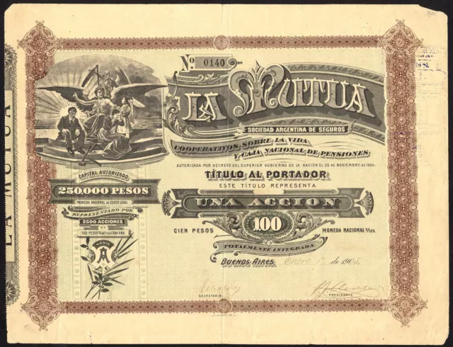 Argentina: La Mutua, 100 peso share, 1905