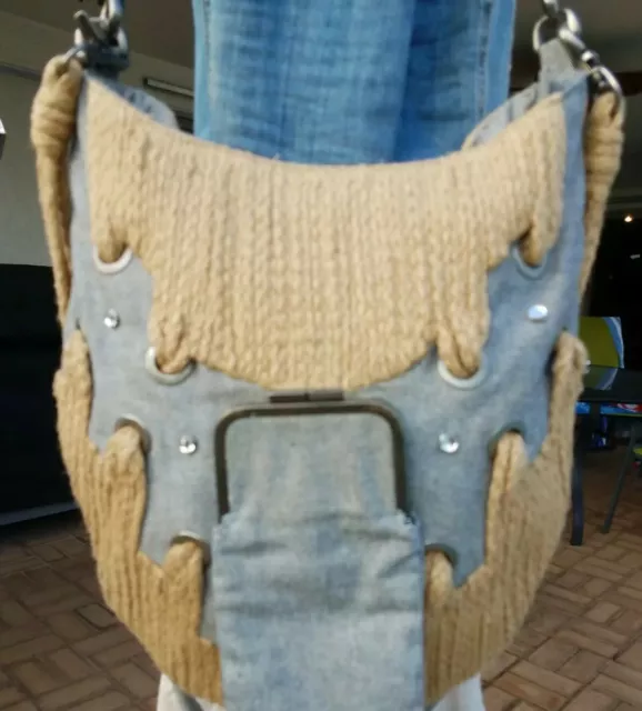 Boutique Chambray Jute Rope Large Convertible Crossbody Shoulder Bag Hobo Purse