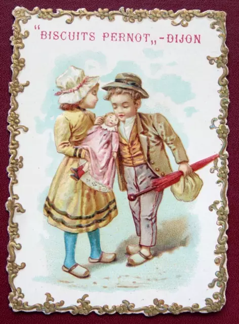 Chromo Biscuits Pernot - Dijon - Couple Enfants Poupée Parapluie Sabots Chapeaux