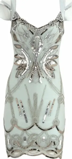 14 UK KAREN MILLEN Aqua 20’s Sequinned Beaded Celebrity Party Mini Dress