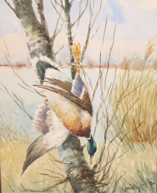 ORIOL GUSTÁ (Siglo xx) ACUARELA SOBRE PAPEL. PATO CON PAISAJE DE FONDO