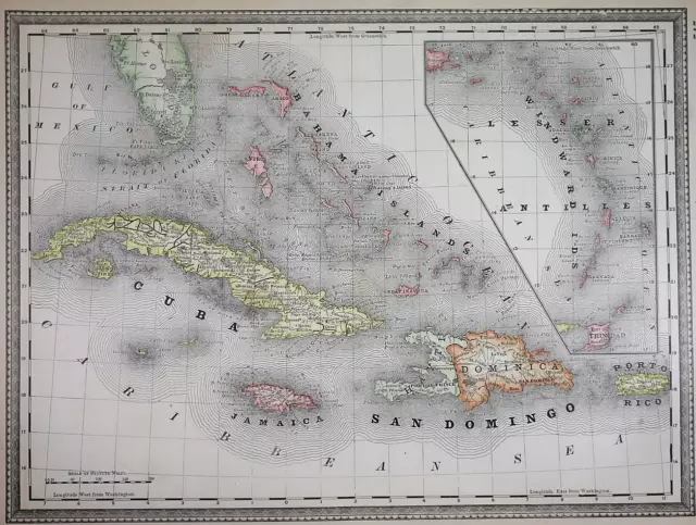 Authentic 1882 R McNally Atlas Map ~ CUBA - SAN DOMINGO ~ FreeS&H   Inv#133