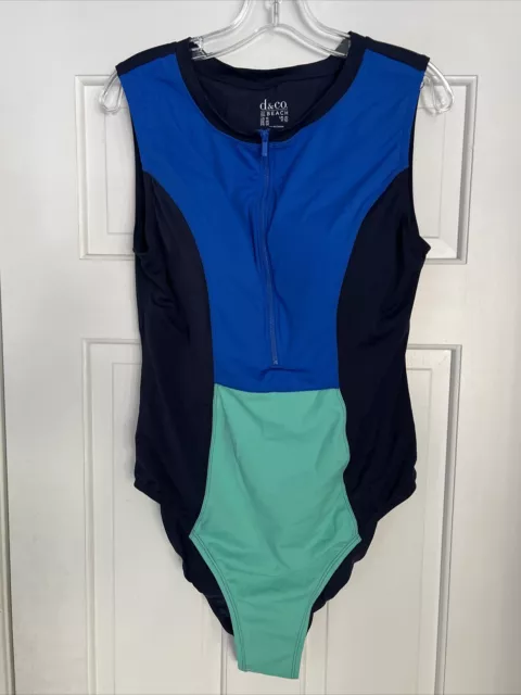 Denim & Co. Women's Beach Half Zip Colorblock One-Piece Swimsuit Blue Size 16