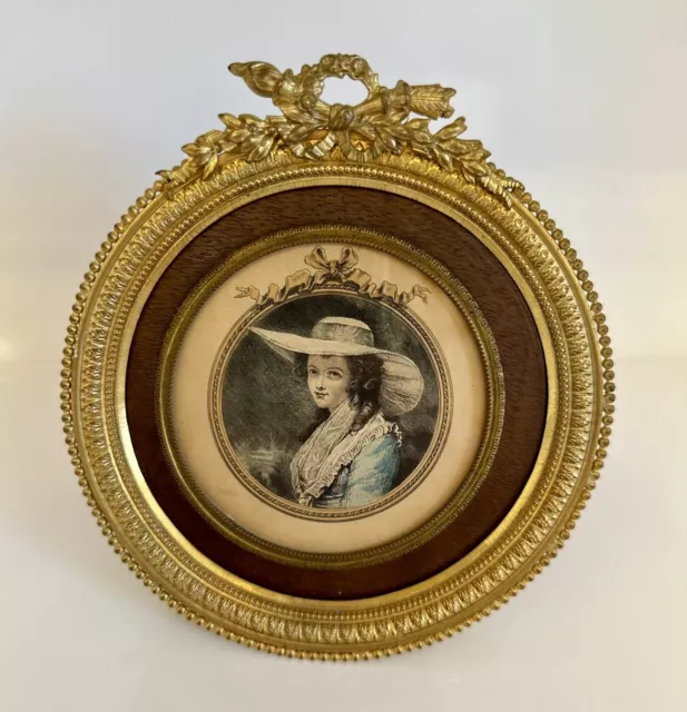 Antique Portrait Gilt Bronze Round Frame With Wood Border