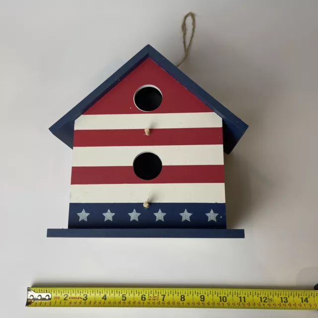 New Birdhouse Bird Patriotic Wooden USA Flag Pattern Star Opening American 9"