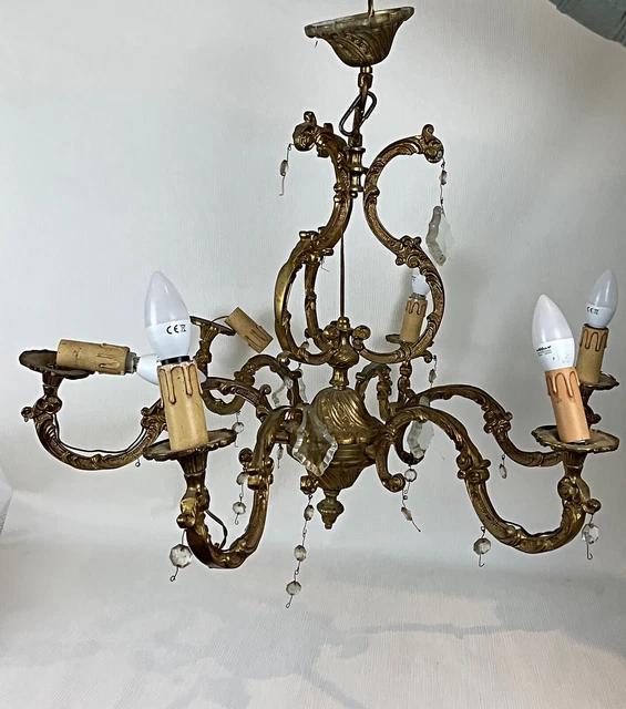 Lustre à Pampilles Bronze Et Cristal 5 Lumières - Hauteur 65 Cm - Occasion