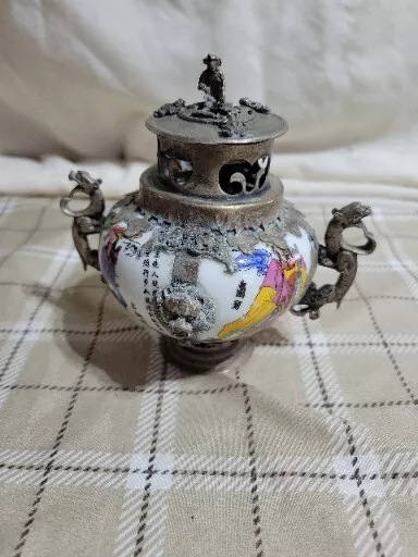 Exquisite Old Chinese porcelain armor tibet silver handmade incense burner 9036