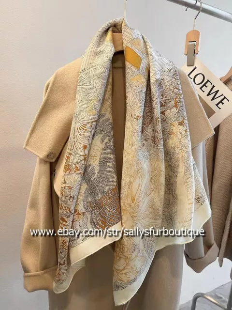 70% Cashmere & 30% Silk Wrap Scarf Stole Garden Print Square Shawl 53" Beige