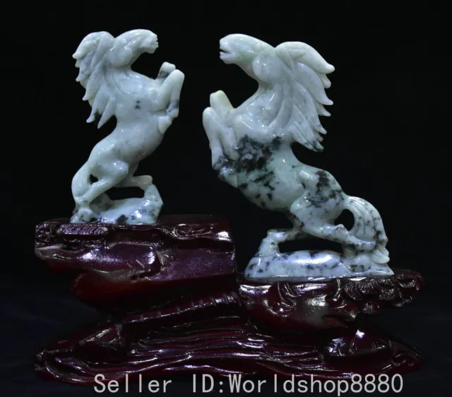 9.2" ancient Chinese natural emerald jade carving Zodiac Horse statue pair