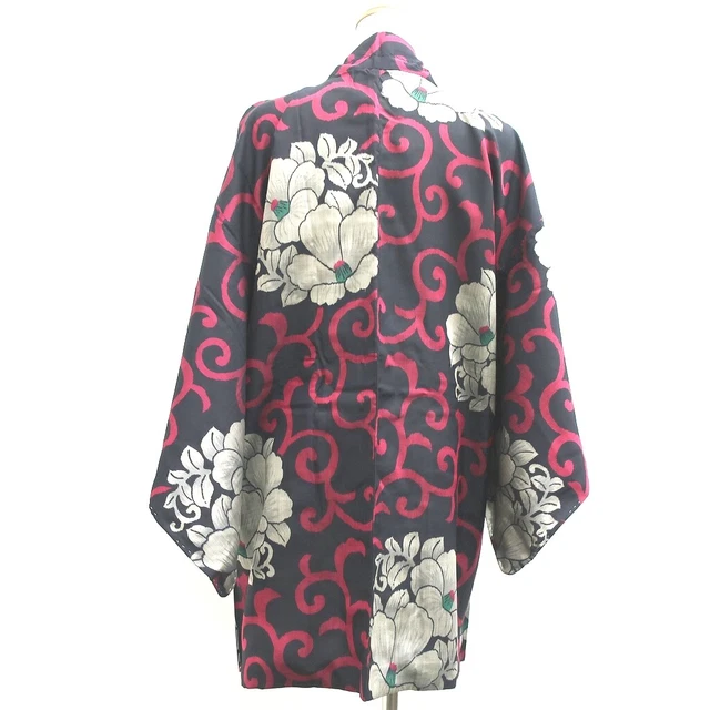 8979C3 Silk Vintage Japanese Kimono Haori Jacket Meisen Karakusa Camellia 2