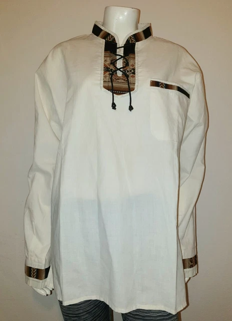 Camicia a maniche lunghe africana stringata marrone crema ricamata taglia XL 46" in perfette condizioni