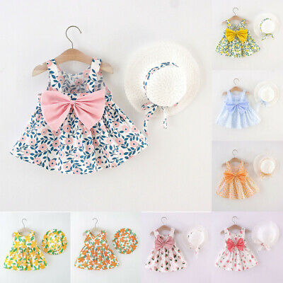 Toddler Baby Kids Girls Suspenders Floral Princess Dress Hat Clothes Outfits UK