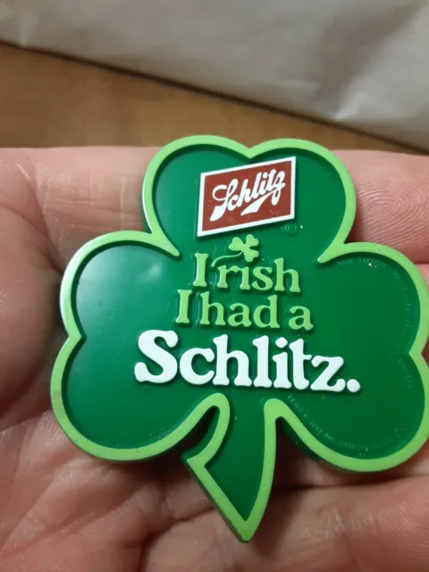 Irish I Had A Schlitz Beer 1980s Shamrock 3 Leaf Clover Pin St. Patrick Pinback