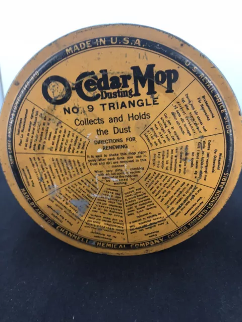 O-Cedar Mop Polish Antique Tin #9 Triangle W/ Mop 1920’s Channell Can 9 language