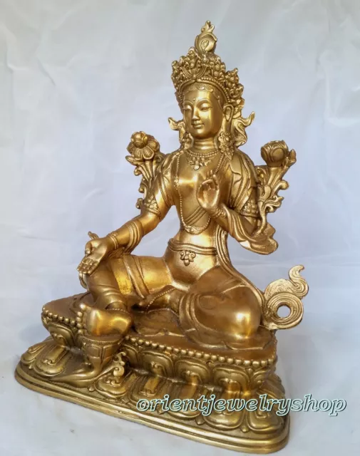 antique excellent  Tibetan Green Tara Buddha Pure Bronze Old Statue 3