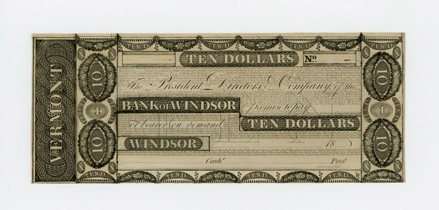 1800's $10 The Bank of Windsor, VERMONT Note AU